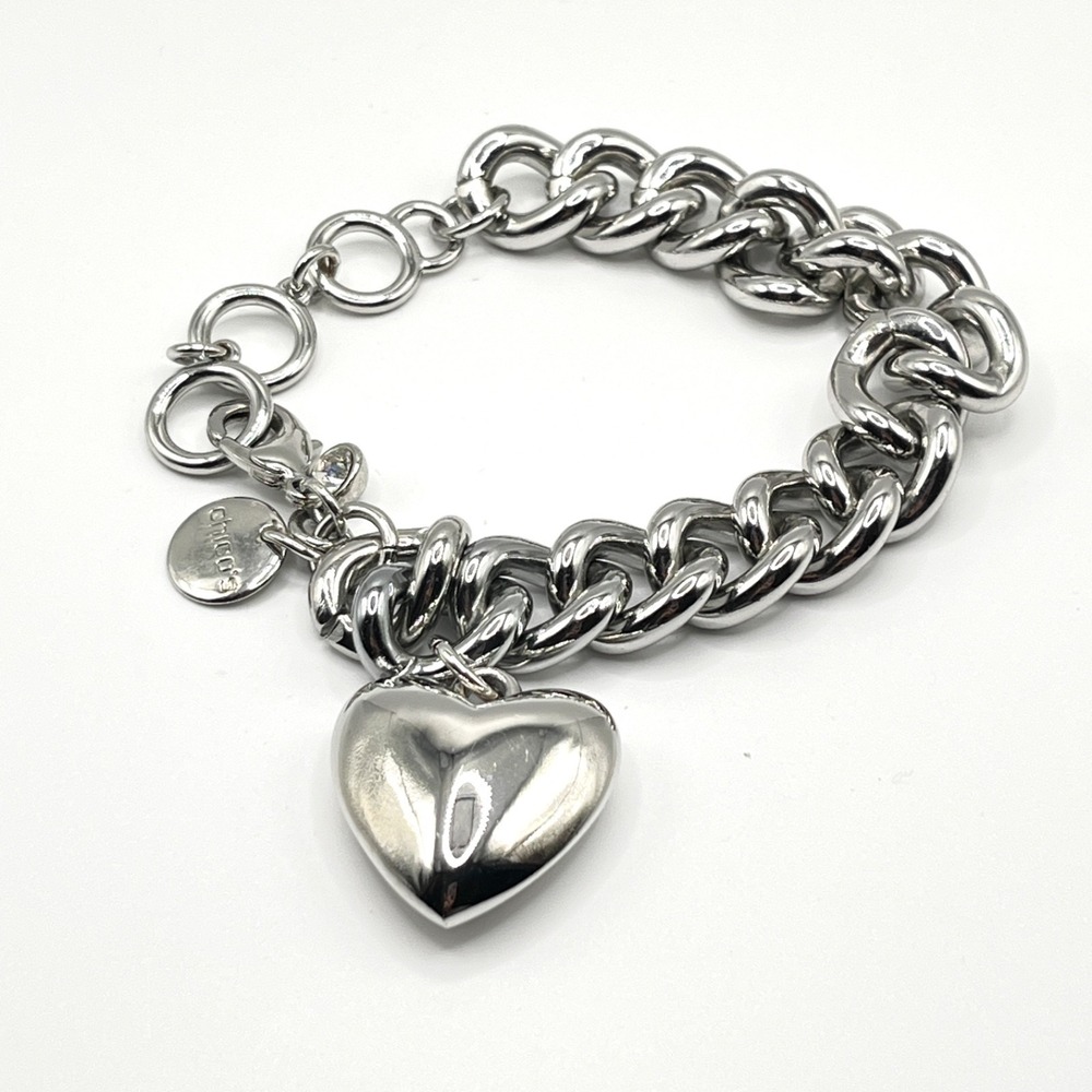 Chico's Heavy Link Silver Tone‎ Charm Bracelet w/ Heart & Crystal Charms 8"
